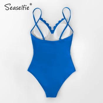 SEASELFIE Solid Albastru Safir-O singură Bucată de costume de Baie Femei Sexy V-neck Scoică Împodobite Costume de baie Monokini 2021 Costum de Baie Beachwear