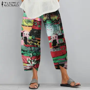 2021 Vara Imprimate Pantaloni Trunchiate ZANZEA Epocă Pantaloni Casual pentru Femei Talie Elastic Lenjerie de pat din Bumbac Asimetric Nap Pantalons