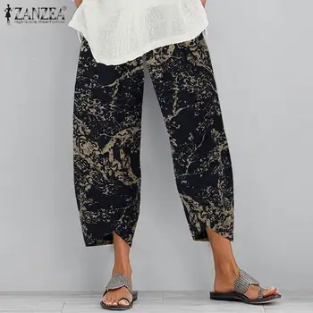 2021 Vara Imprimate Pantaloni Trunchiate ZANZEA Epocă Pantaloni Casual pentru Femei Talie Elastic Lenjerie de pat din Bumbac Asimetric Nap Pantalons