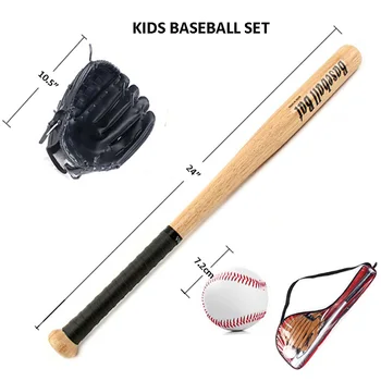 Copii în aer liber Profesionist 25 Inch Lemn Bâtă de Baseball & Softball Mingea & de Baseball Mănuși de Antrenament de Baseball Set cu Geanta,Bl