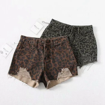De vară 2020 jean pantaloni scurți femei vara coreean dificultate leopard rupt de înaltă talie pantaloni scurți din denim feminino de înaltă talie pantaloni scurți de blugi