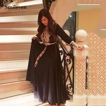 Smileven Sifon Negru Marocan Caftan V Gât Rochie De Seara Formale Cu Maneci Lungi Din Dantela Musulman Dubai Ocazie Speciala Rochie