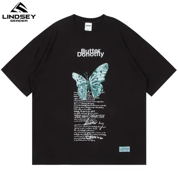 LINDSEY SEADER Bărbați T-shirt cu Maneci Scurte Fluture Imprimat Hip Hop Supradimensionate Bumbac Casual Harajuku Streetwear Top Tee Tricouri