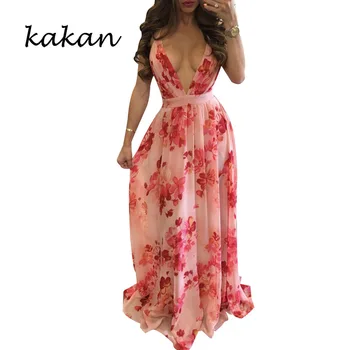 Kakan boem plajă șifon dress V-gât adânc sling cu spatele gol rochie de imprimare mare leagăn dimensiunea rochie