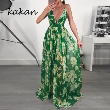 Kakan boem plajă șifon dress V-gât adânc sling cu spatele gol rochie de imprimare mare leagăn dimensiunea rochie