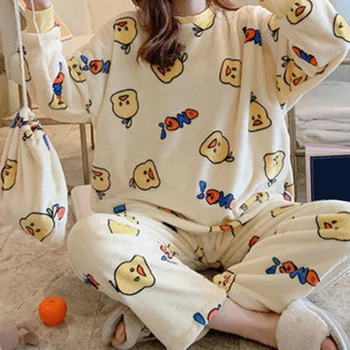 Noi 2021 Toamna Iarna Flanel Cald Femei Pijamale Seturi Gros De Catifea Cu Maneci Lungi Desene Animate Pijamale Pijamale Flanel Set Fata