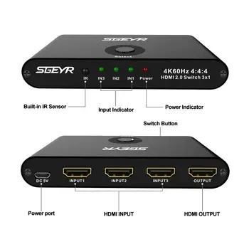 SGEYR HDMI 2.0 Comutator 3 Port Aluminiu Switch HDMI 3 in 1 Negru HDMI Switch Selector Cutie 4K cu IR Control de la Distanță de Sprijin