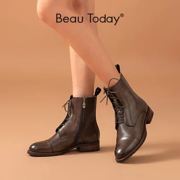 BeauToday Glezna Cizme Femei Piele De Vaca Retro Rotund Toe Dantela-Up Închiderea Moda Doamnelor Pantofi De Toamna Încălțăminte Handmade 03680