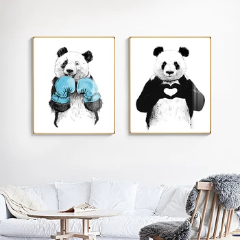 Moderne de Box Panda Poster Print Albastru Mănuși de Box Pictura desen Animat de Arta de Perete Imaginile pentru Camera de zi, Camera Copii Cuadros Salon