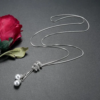 Meyfflin Collier Femme Coliere Lungi pentru Femei de Moda Simulate Perla de Cristal Colier Pandantiv Bijuterii Argint Lant Bijoux