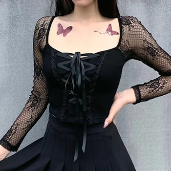 Stil gotic Tricouri Femei Sexy Retro Elegant din Dantela Neagra cu Maneca Lunga Top Gol Tricou haine de înaltă calitate футболка fierbinte