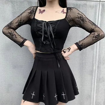 Stil gotic Tricouri Femei Sexy Retro Elegant din Dantela Neagra cu Maneca Lunga Top Gol Tricou haine de înaltă calitate футболка fierbinte