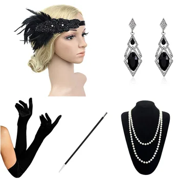 Negru 1920 Set de Accesorii Marele Gatsby Petarda Costum pentru Femei Bentita Mănuși tabachera Colier Bratari