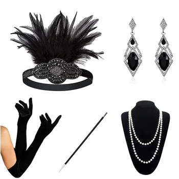 Negru 1920 Set de Accesorii Marele Gatsby Petarda Costum pentru Femei Bentita Mănuși tabachera Colier Bratari
