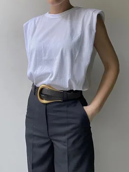 2020 Femei za Moda Solid 95% Bumbac pad Umăr tricou Vintage, O-Neck fără Mâneci Topuri Casual Fete Streetwear