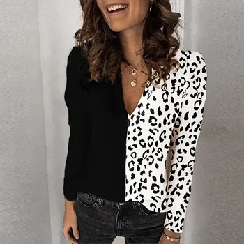 Femei Bluza 2020 Arc de Toamna Topuri V-neck Maneca Lunga Leopard Mozaic Tricou Vrac Plus Dimensiunea Îmbrăcăminte Pentru Femei Bluze Femei