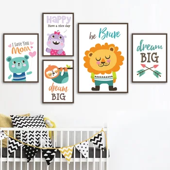 Desene Animate Drăguț Leu, Urs, Maimuță, Hipopotam Arta De Perete Panza Pictura Nordică Postere Si Printuri De Animale Imagini De Perete Copilul Decor Camera Pentru Copii