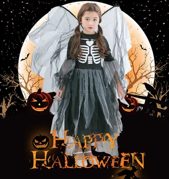 Fata Femei Cu Aripi Costum De Halloween De Groază Zombie Mireasa Cosplay Costum Fantoma Festival Schelet De Imprimare Înfricoșător Gotic Rochie