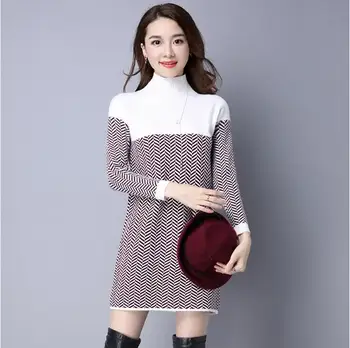 Femei guler pulover de cașmir rochie de moda cu dungi groase lungi pulover femei elegante, culori de contrast de cald tricot rochii