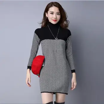Femei guler pulover de cașmir rochie de moda cu dungi groase lungi pulover femei elegante, culori de contrast de cald tricot rochii