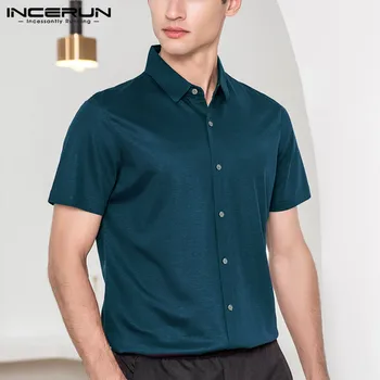 INCERUN Bărbați Cămașă Rochie Brand Rever Culoare Solidă Maneca Scurta, Topuri de Moda de Înaltă Calitate Mens Sociale Tricouri de Afaceri Camisa S-5XL
