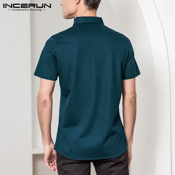 INCERUN Bărbați Cămașă Rochie Brand Rever Culoare Solidă Maneca Scurta, Topuri de Moda de Înaltă Calitate Mens Sociale Tricouri de Afaceri Camisa S-5XL