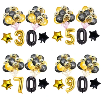34pcs Black Gold Star 32inch Numărul 30/40/50/60/70/80/90 Latex, Folie, Confetti Balon Set Mama Tata Fericit Ziua de nastere Partid Decor