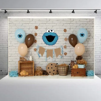 Fericit Ziua de nastere Fotografie de Fundal pentru Copii Cookie Temă Copil de Dus Zid de Cărămidă Balon Jucării de Fundal Studio Foto elemente de Recuzită