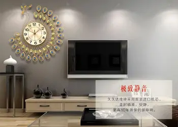 3D Mare Păun Ceas de Perete cu Design Modern Home Decor de Perete Ceasuri Living 40pcs Diamante Decorative din Fier Forjat Tăcut Ceas