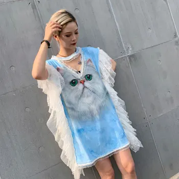 Thai tide marca doamnelor maneci scurte 2019 vara noi cat de imprimare plasă de cusaturi tubulare sexy rochie de bumbac de sex feminin
