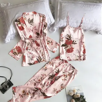 3PCS Set de Pijama Sexy Floare de Imprimare Pijamale Femei de Vară de Primăvară Proaspăt Pijamale Pentru Femei Adânc V Halat de Somn Lounge