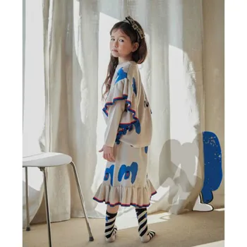 2021 Primăvară Nouă LD Pulover Costum coreeană Fată de Desene animate Pulover Scurt Fusta Drăguț Pulover Rotund Gat Pulover Copil