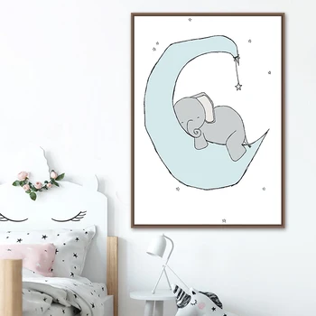 Desene Animate Drăguț Elefant Luna Panza Pictura Arta Postere, Printuri Decorative De Imagine Dormitor Copil Pepinieră Peretele Nordic Decor