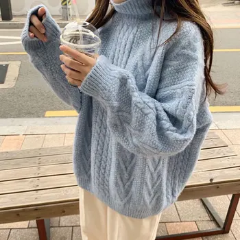 Albastru Guler Tricot Pulover Pulover Femei coreeană stil chic Toamna 2020 Casual Lazy Oaf Retro Twist de Înaltă Gât Trage de Femme