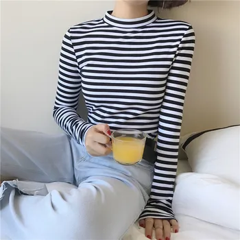 Femei T-Shirt Alb-Negru cu Dungi cu Maneca Lunga O-gât-coreean Topuri Tee de sex Feminin 2021 Primavara Toamna de Moda Tricouri Pentru Femei Nou