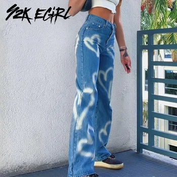 Y2K EGIRL 90 de Moda Inima Graffiti Blugi Largi Epocă Streetwear Imprimare Direct de Înaltă Talie Pantaloni Toamna Demin Pantaloni Chic