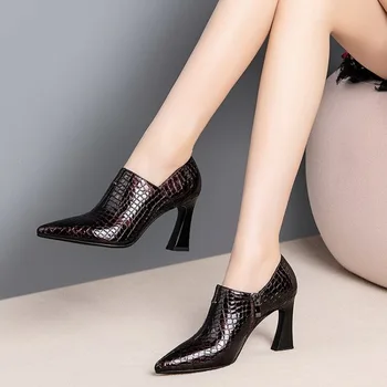 PIELE naturala Pantofi de Toamnă Femeie Tocuri inalte 2020 Femei Pompe Model Sarpe Superficial Toc Bloc de sex Feminin Încălțăminte Maro Negru
