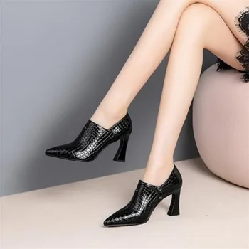 PIELE naturala Pantofi de Toamnă Femeie Tocuri inalte 2020 Femei Pompe Model Sarpe Superficial Toc Bloc de sex Feminin Încălțăminte Maro Negru