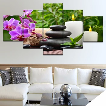 Panza Imagini Modular Living Decorul Camerei Cadru 5 Bucăți de Pietre de Bambus, Flori de Orhidee Tablouri de Arta de Perete HD Printuri Postere