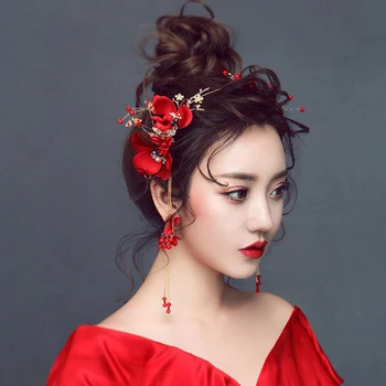 Trendy 3pcs/set Red Pearl Floare Benzi pentru Femei Mireasa Ciucuri Tiara Hairband Chineză Mireasa Accesorii de Par ML081