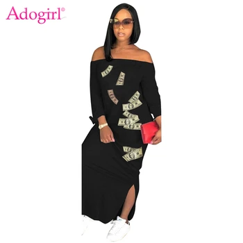 Adogirl Plus Dimensiune S-3XL Banii de Dolari Print Maxi Dress de Pe Umăr Lega Maneca 3/4 Partea de Fantă Casual, Rochii Lungi de Vara Vestidos
