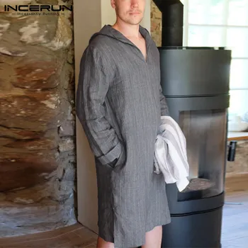 Agrement Buzunare Bumbac Somn Robe INCERUN Bărbați cu Dungi Halate de baie Vintage Maneca Lunga V Neck Homewear Mens de camasa de noapte S-5XL