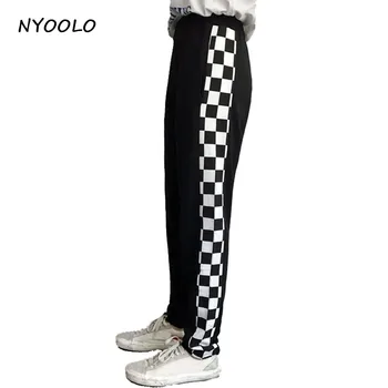 NYOOLO Noutate design streetwear pantaloni alb-Negru carouri personalitate mozaic elastic talie hip hop pantaloni femei/bărbați
