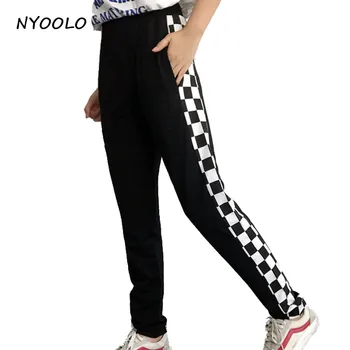 NYOOLO Noutate design streetwear pantaloni alb-Negru carouri personalitate mozaic elastic talie hip hop pantaloni femei/bărbați