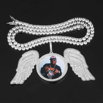 Noi a Crescut de Aur Personalizat Foto Aripă de Înger Medalioane Pandantiv Colier Cu AAA Zircon Cubic Bărbați Bijuterii Hip hop de Tenis Lanț