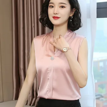 Coreea de Mătase Bluze Femei de Vara Femei Bluza din Satin Topuri Elegante Femei V-neck fără Mâneci Bluze Top Blusas Mujer De Moda 2020
