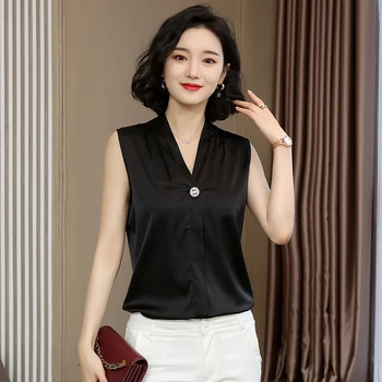 Coreea de Mătase Bluze Femei de Vara Femei Bluza din Satin Topuri Elegante Femei V-neck fără Mâneci Bluze Top Blusas Mujer De Moda 2020