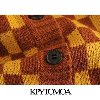 KPYTOMOA Femei 2021 Moda de a Verifica în Vrac Tricotate Cardigan Pulover Vintage cu Maneci Lungi Buton-up de sex Feminin de Îmbrăcăminte exterioară Topuri Chic