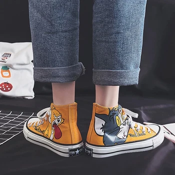 Femei Pantofi De Imprimare De Desene Animate Anime Mozaic De Moda Frumoase Fete De Panza Toc Gros Adidași Designer New High Top Plat Încălțăminte