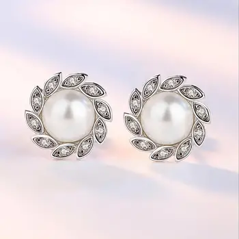 925 Sterling Silver Cercei Stud De Înaltă Calitate Femeie Bijuterii Fine Noi De Vânt Frunze De Cristal De Zirconiu, Perle Cercei De Vânzare Fierbinte